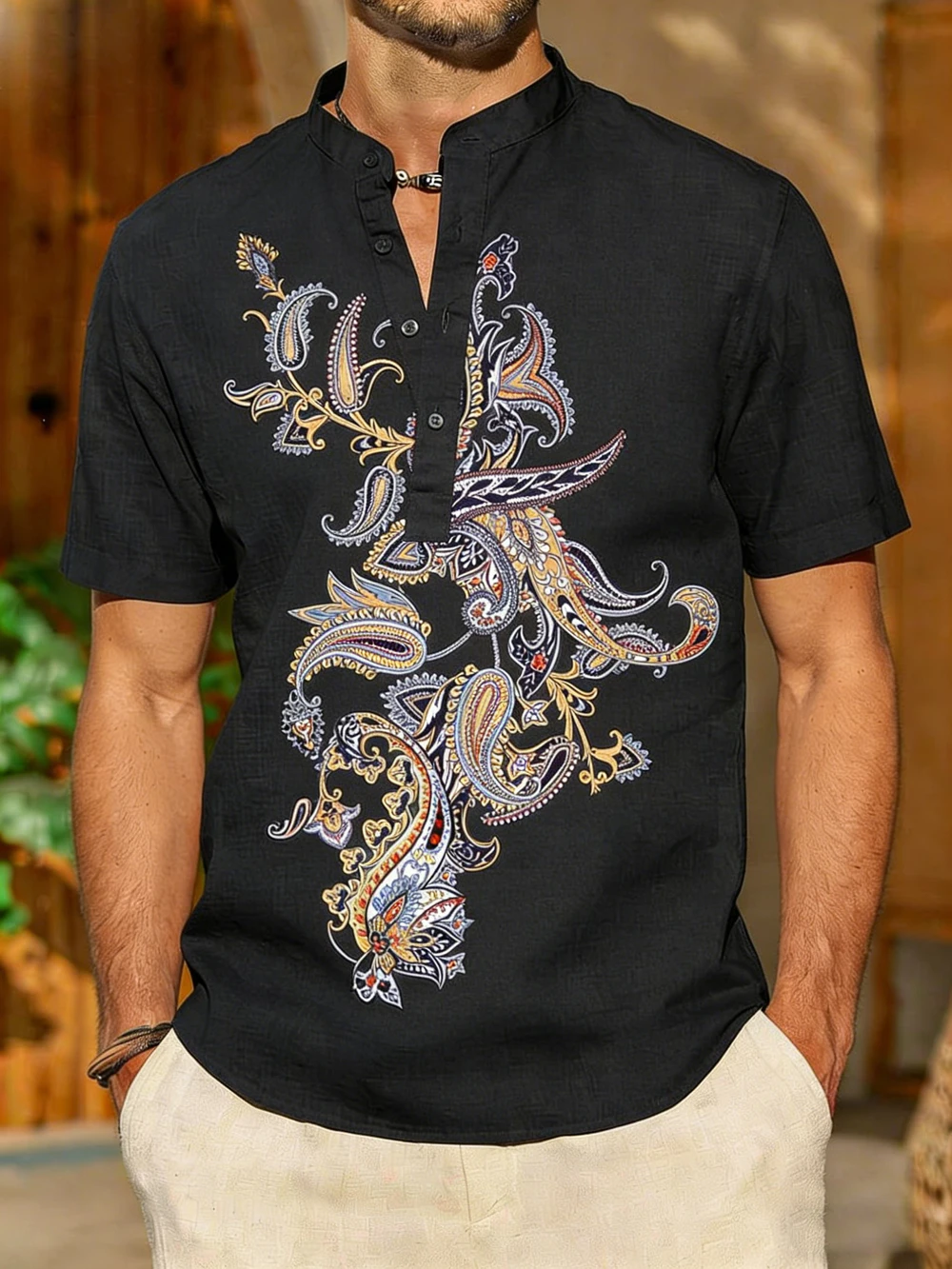 

Men's ethnic style linen short-sleeved half-cardigan shirt natural plant high-definition 3D printed shirt men Hawaiian vacation