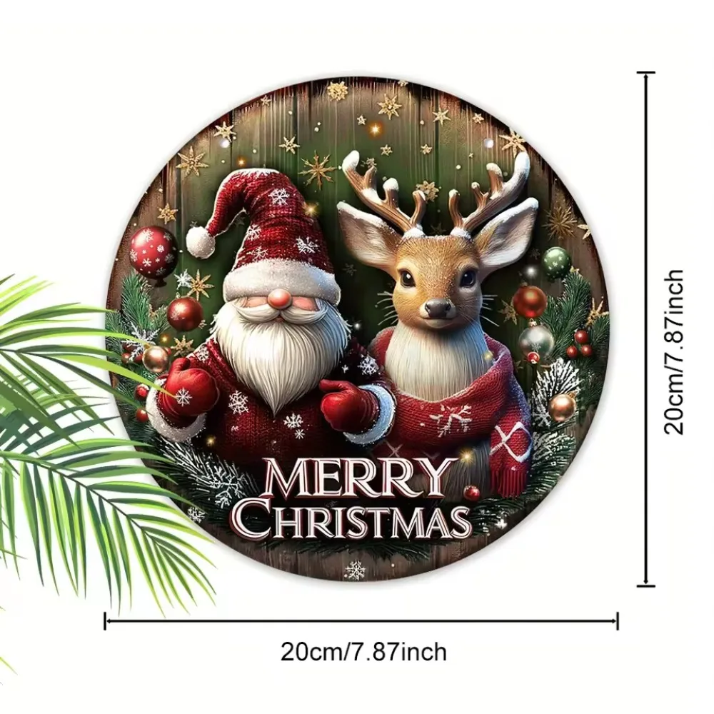 2D Circular Wooden Merry Christmas Sign, Designed with Santa Claus and Reindeer, Suitable for Family Garage, Living Room, Porch