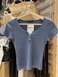 Three Buttons Blue Floral Print Slim Crop Top Summer O-Neck Cotton Short Sleeve T-shirts Sweet Cute Y2k Fashion Tops for Women