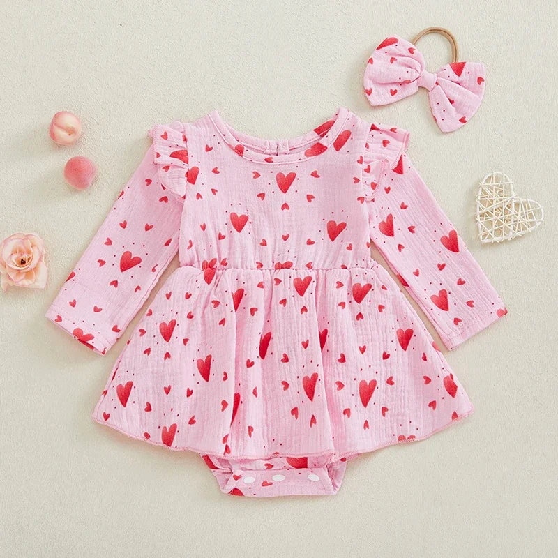 Tregren Newborn Infant Baby Girl Valentines Day Romper Jumpsuit Long Sleeve Heart Print Ruffle Playsuit Jumpsuit with Headband