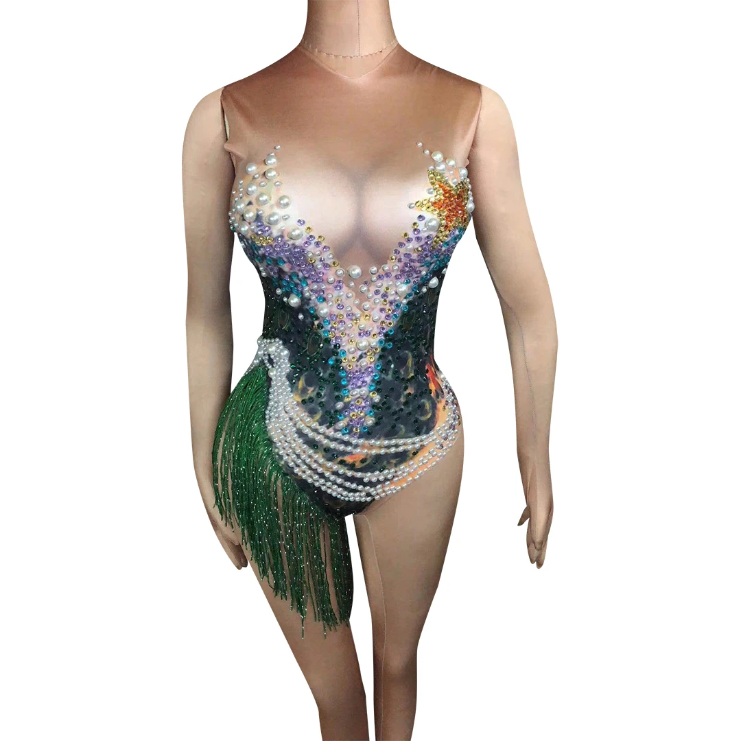 

Sexy Sleeveless Pearl Diamond Tassel Lady Jumpsuit Dance Stage Costume Carnival Festival Costume Women's Tight Fitting Leotards