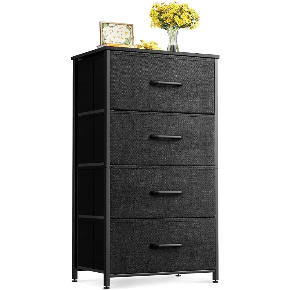 Dresser for Bedroom with 4 Storage Drawers,Drawers Fabric Dresser with Sturdy Steel Frame,Dresser for Closet with Wood Top,Black