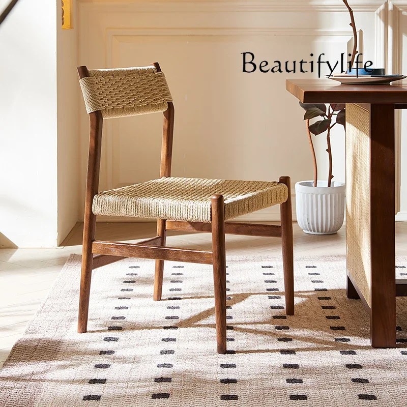 X40 Nordic Medieval Solid Wood Single Dining Chair Hotel Rope Braided Armrest Back Leisure Chair