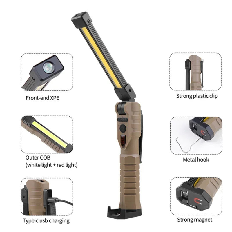 USB Rechargeable Portable COB LED Flashlight Work Light Magnetic Lanterna Hanging Lamp with Built-in Battery Car Service Lamp