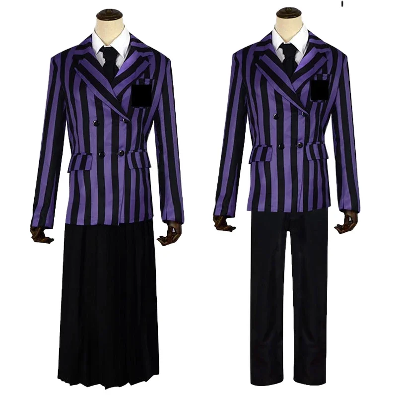 Disfraz de Cosplay de Anime Wednesday Addams, uniformes escolares a rayas de la Academia Nevermore para niñas y niños, peluca para fiesta de Halloween, vestido elegante