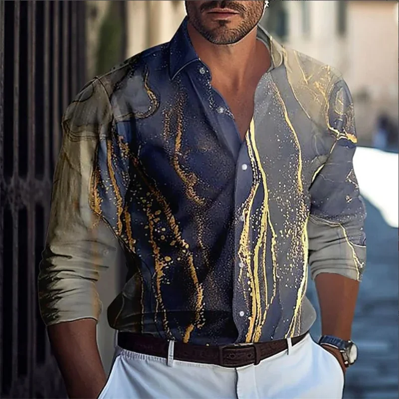 New Men's Simple Retro Curve Long Sleeve Shirt High Quality Casual Fashion 3D Rose Pattern Printed Shirt Fashion White Shirt