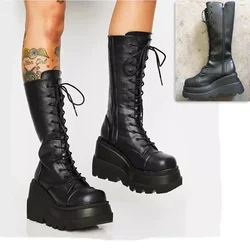 Botas de plataforma Punk para mujer, botas elásticas de microfibra con tacón grueso a media pantorrilla para mujer, zapatos góticos negros de marca para primavera y otoño 2024