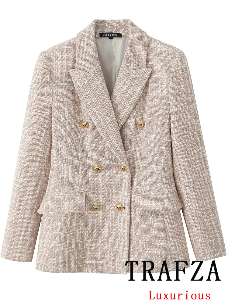 TRAFZA Vintage Chic Women Blazer Texture Double Breasted Long Sleeve Blazer New Fashion 2024 Autumn Winter Office Lady Blazers