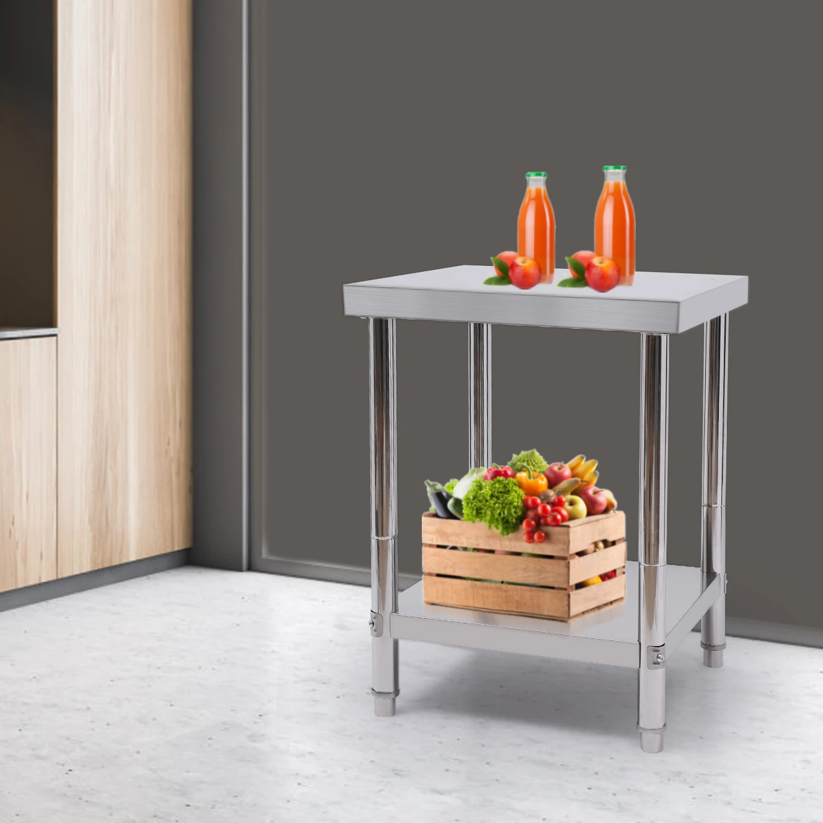 Küchen-Arbeitstisch aus Edelstahl, offenes Design, Catering, Lebensmittelzubereitung, wasserdicht, 2-lagiger Lebensmittelzubereitungstisch, 400 kg/881 lbs