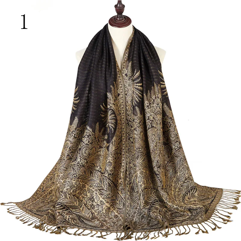 Pashmina Silk Scarf Shawl Wrap Stole Big Paisley Jacquard Rave 2 Layers Reversible Classic Fringe For Women 70X180cm 240g