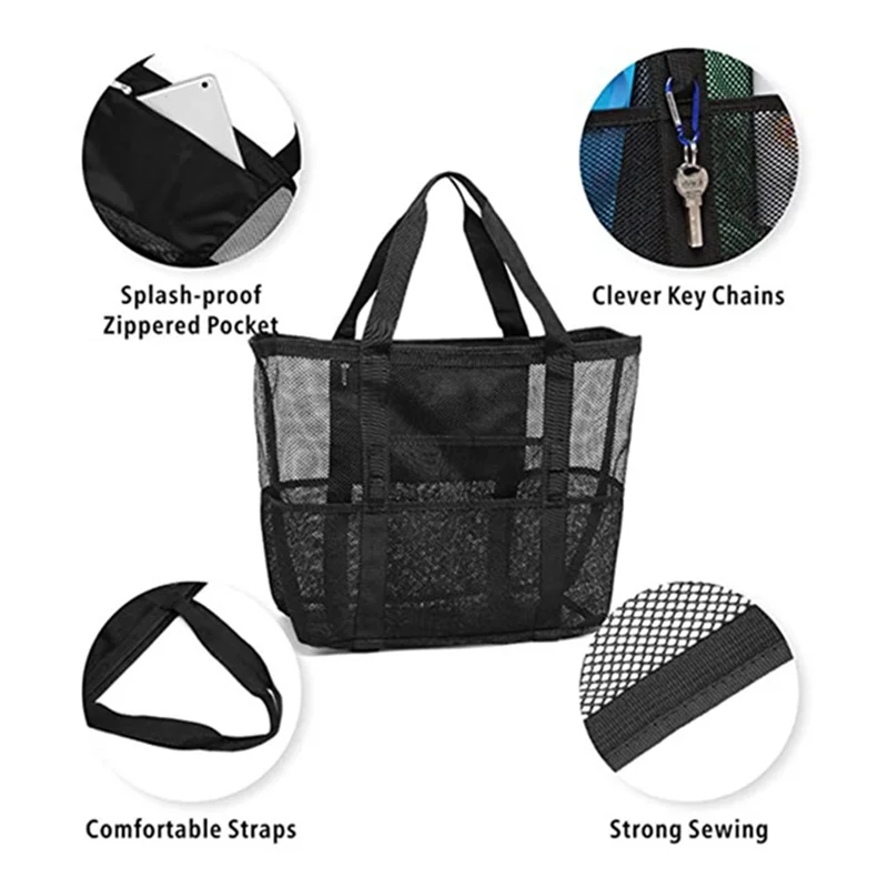 A19Q-Large Capacity Mesh Beach Tote Bag Handheld Lunch Bag Useful Shoulder Bag Bath Bag Food Drink Travel Storage Bag