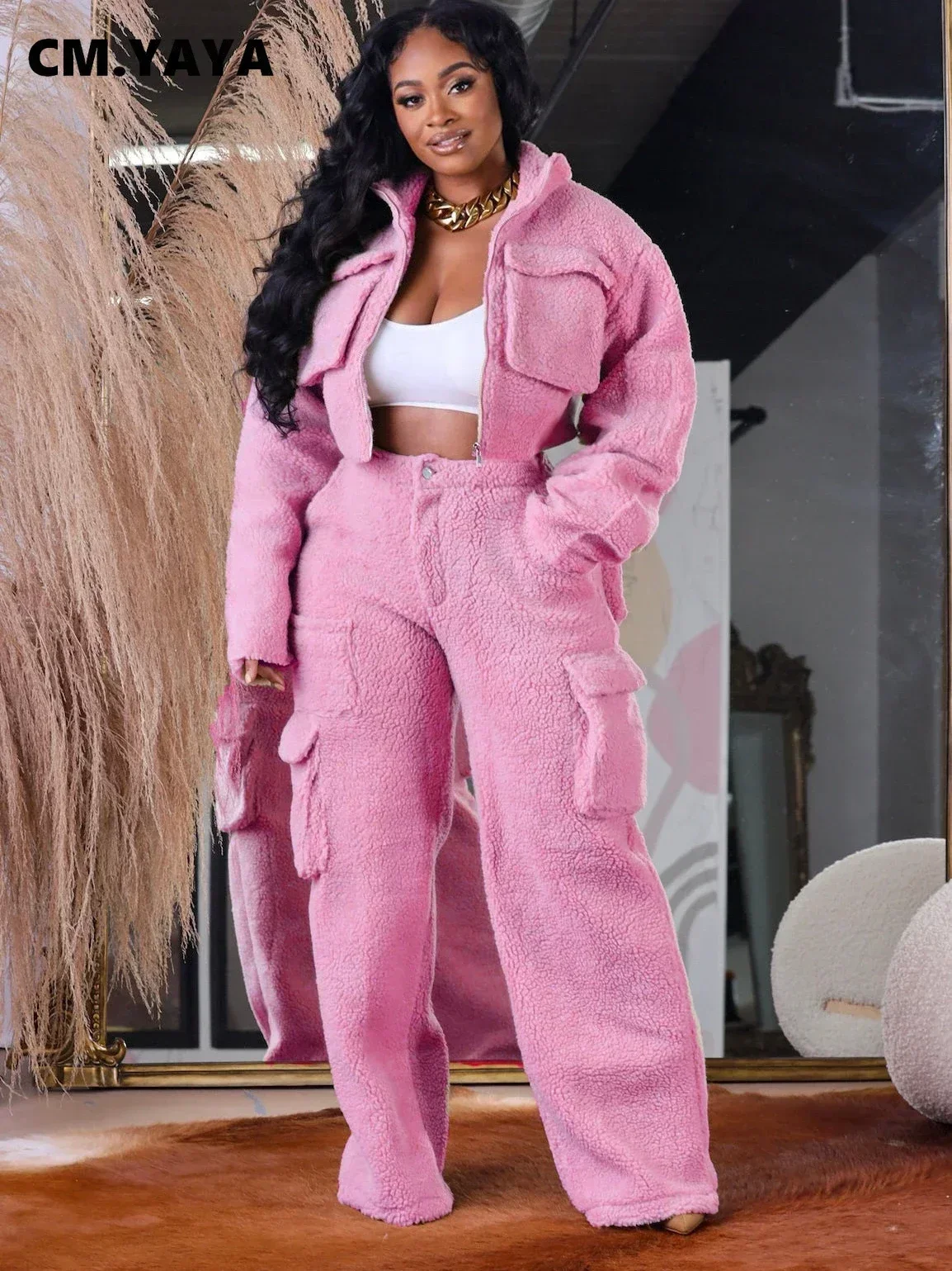 FANAN Fashion Fleece Women's Set Long Sleeve Jacket and Pocket Wide Leg Pants 2024 Cargo Two 2 Piece Sets Outfits Tracksuit