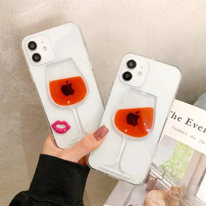 مضحك ثلاثية الأبعاد السائل النبيذ الأحمر الزجاج قضية الهاتف آيفون 15 14 12 11 13 برو ماكس زائد لطيف بريق الشفاه غطاء واضح