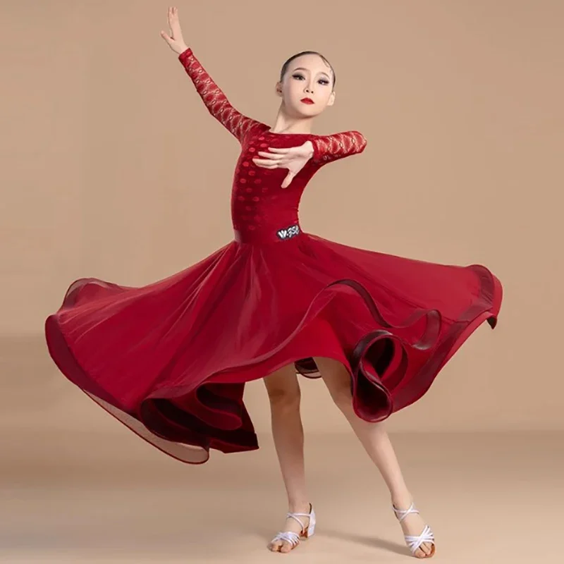 بدلة رقص الفالس الحديثة للأطفال البنات من الدانتيل وتنورة متأرجحة كبيرة وممارسة أداء الرقص