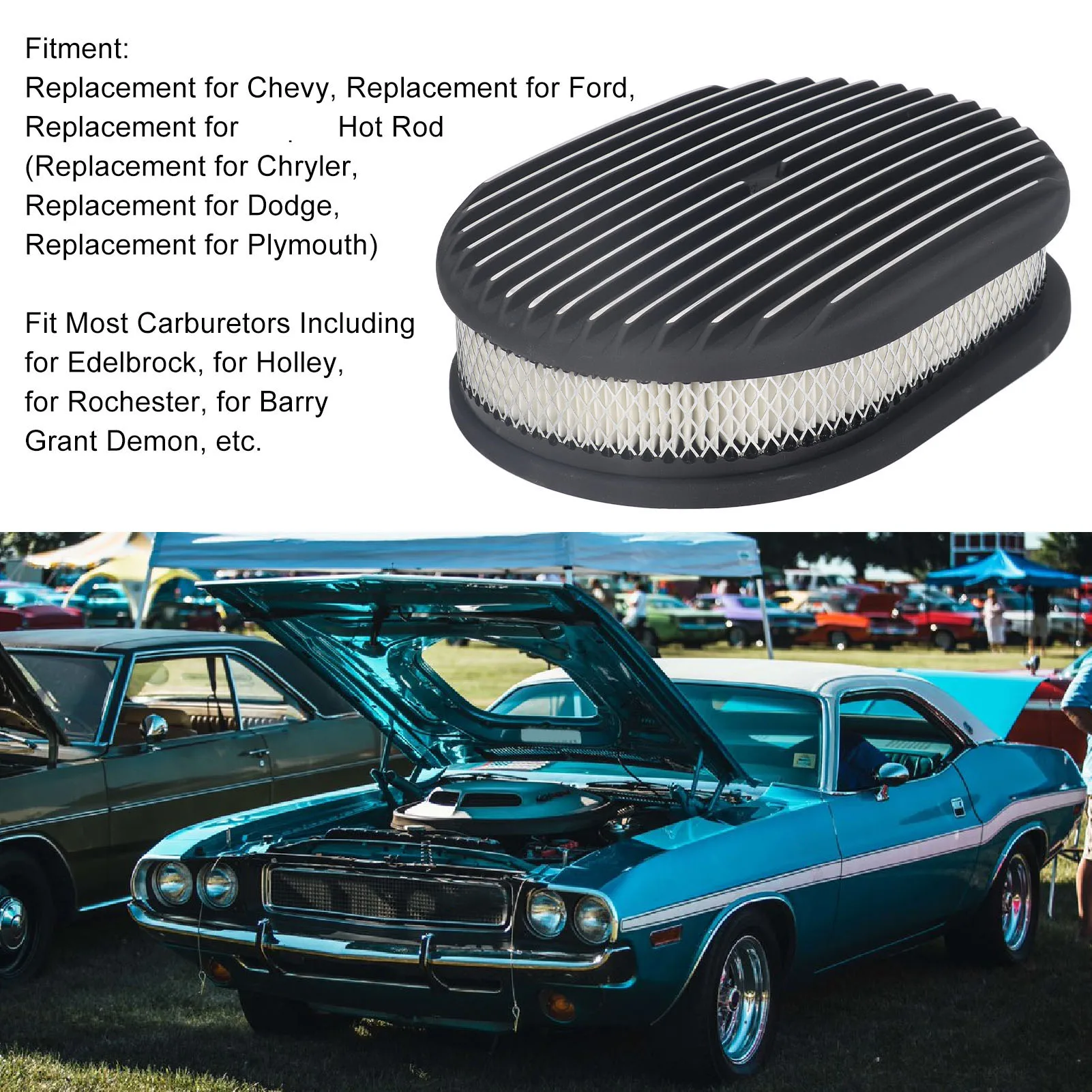 Full Finned Air Cleaner Aluminium Alloy Black for 5 1/8in 4 Barrel Opening Carburetors