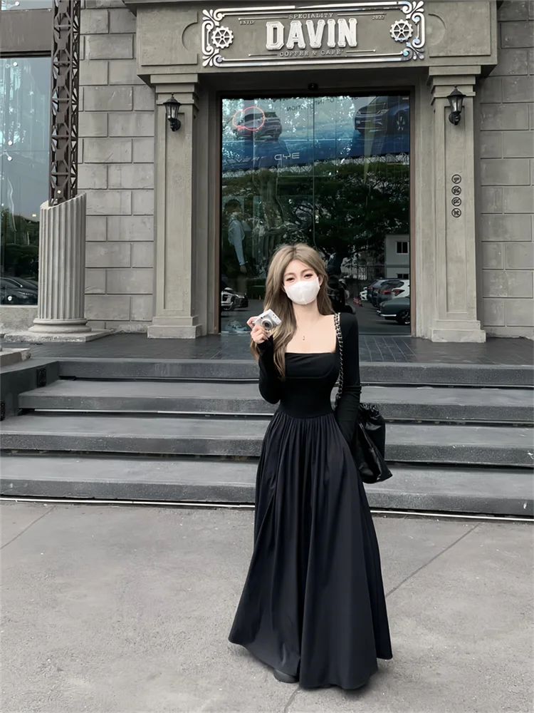 Vintage Ballet Fashion Square Collar Long Dress 2024 New Spring Long Sleeve Black Beige Dress Holiday Slim Waist A Line Skirt