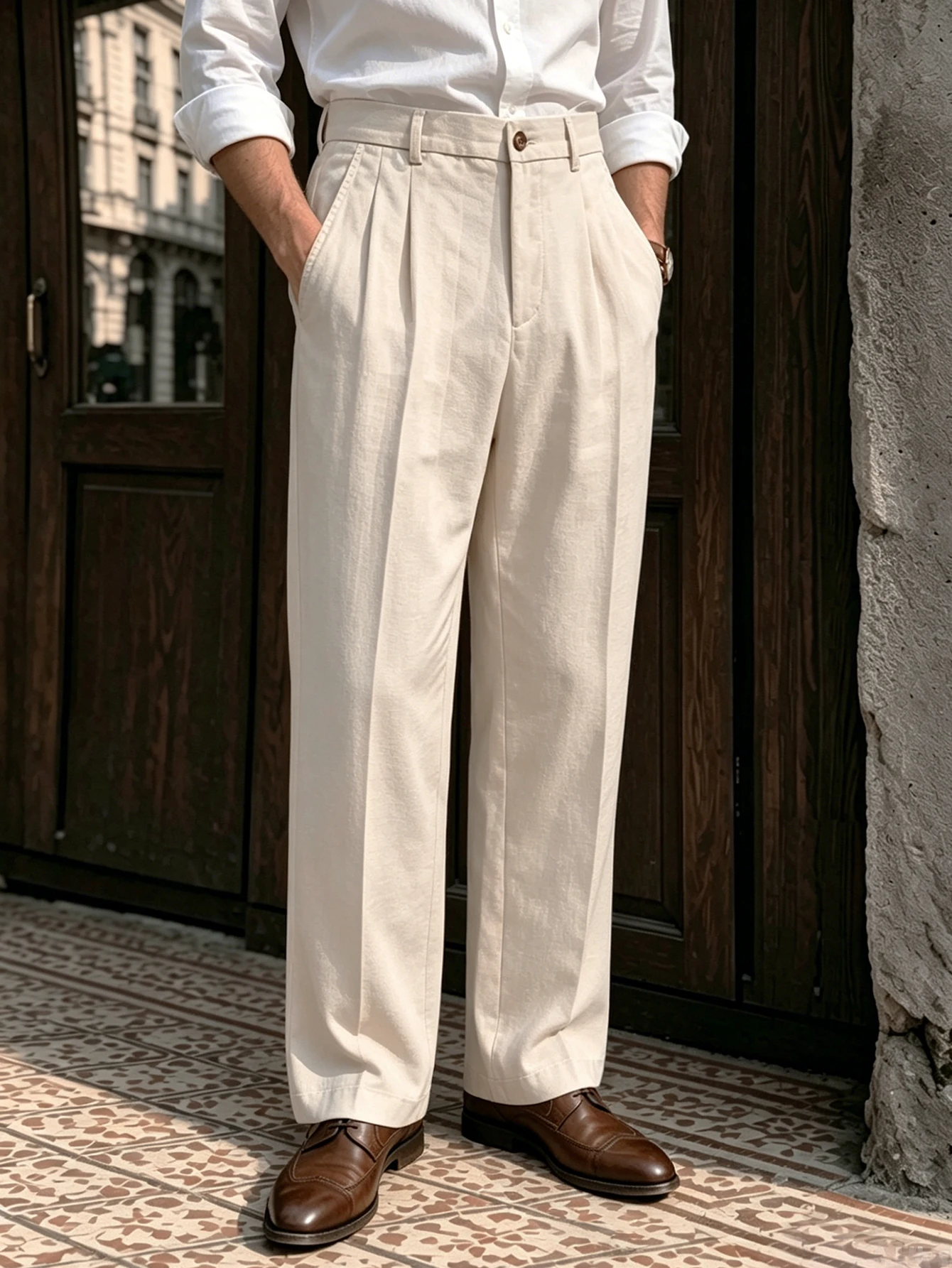 

2026 SS Men's Italian Neapolitan Linen Suit Pants, Solid Color Button High Waist Business Casual Trousers for Daily Fashion Wear