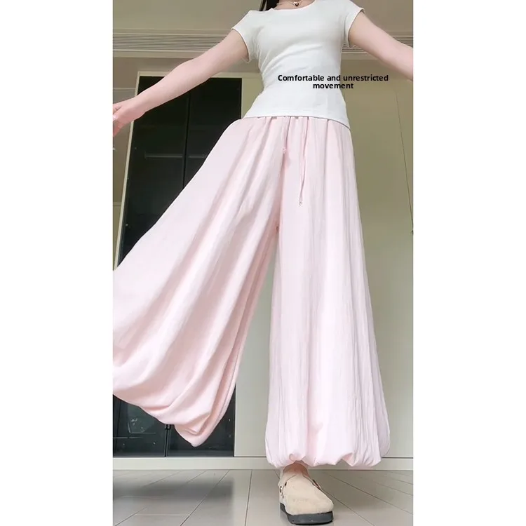 กางเกงขายาวเอวสูงทรงขาบานสีชมพูฟูฟ่องสำหรับผู้หญิง สไตล์ลำลองใส่สบายช่วงฤดูร้อน ช่วยให้ดูผอมลง