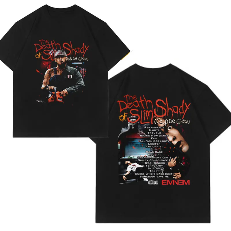 

Hip Hop Rapper Eminem The Death of Slim Shady Album Double Sided Graphic T Shirts Fashion Oversized Cotton T-shirt Top Men Women