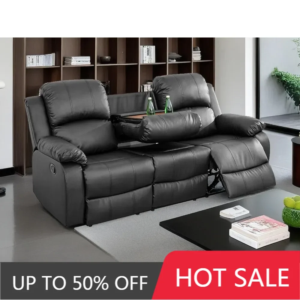 

3 Seater Reclining Couch Manual Recliner Sofa Living Room Furniture，Vegan Leather Couch， Cup Holder/Flip-Down Table for Theater