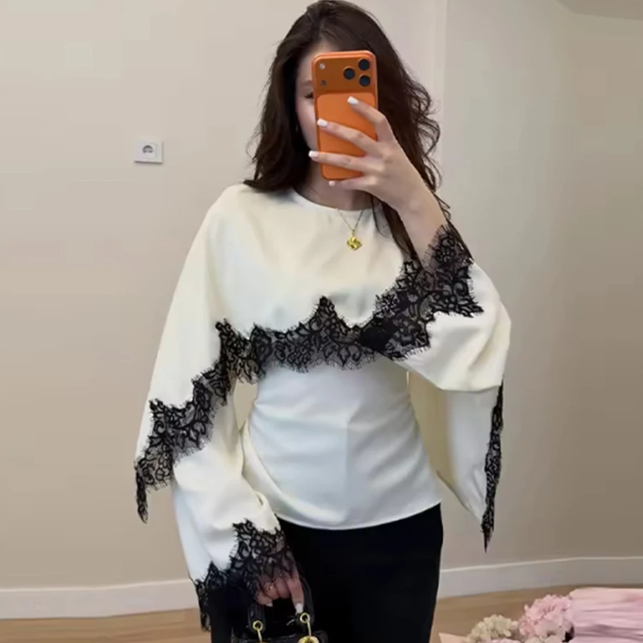 Elegante Damen-Bluse mit Spitzenbesatz und Kontrast-Schal-Design, Schicke Langarm-Bluse mit Taillenschnürung und Rundhalsausschnitt für Alltag und Dates
