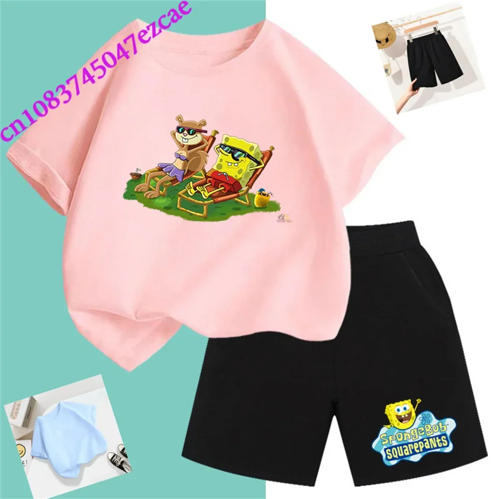 2024 New Spongebob Summer T-shirt Children's Suit Boys And Girls Short-sleeved Shorts 2 Sets Of Cartoon Printing Children t Shir