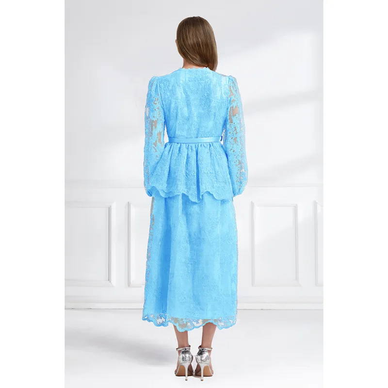 Vestido Longo de Aodão com Decote em V e Camadas Duplas, Estilo de Rua, Cintura Ajustável, Vestido de Renda de Alta Cintura