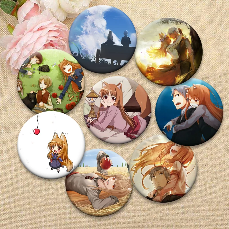 

Spice and Wolf Badge Cute Anime Girl Holo Lapel Pins 32/44/50/58mm Round Display Brooches for Backpack Accessories Jewelry Gifts