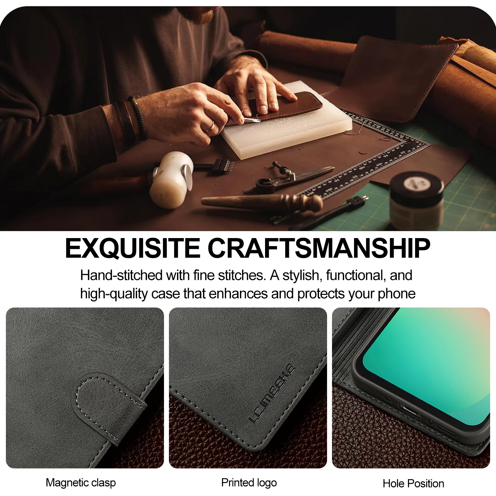 Luksusowe etui z funkcją podstawki do Samsunga Galaxy A17, skórzane etui z klapką z PU, pełna ochrona, odporna na wstrząsy obudowa, magnetyczne zapięcie.