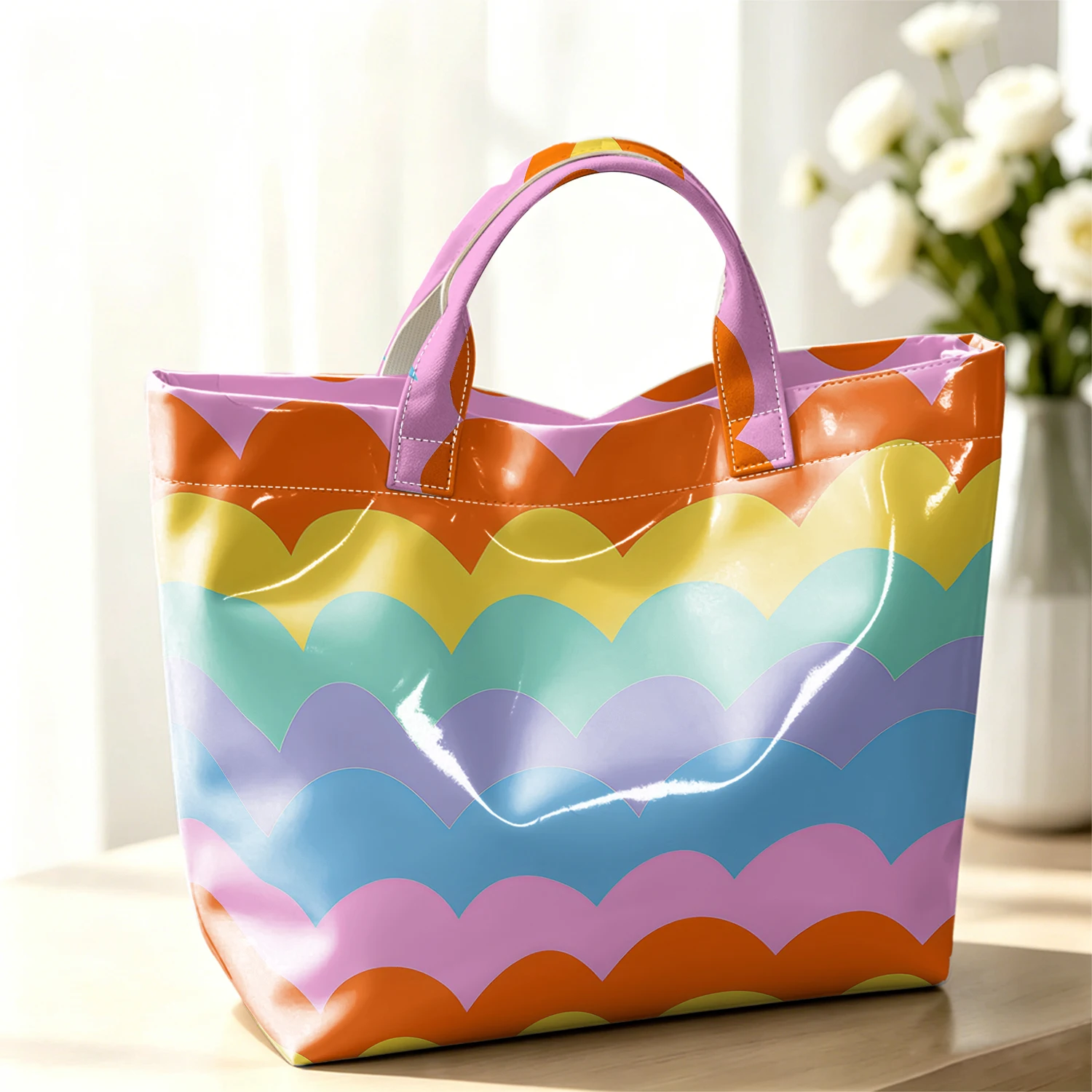 Rainbow Pastel Scallop Fashion Large Glossy PVC Tote Bag Hand Washable Waterproof Travel Commute Cosmetic Storage Shopper
