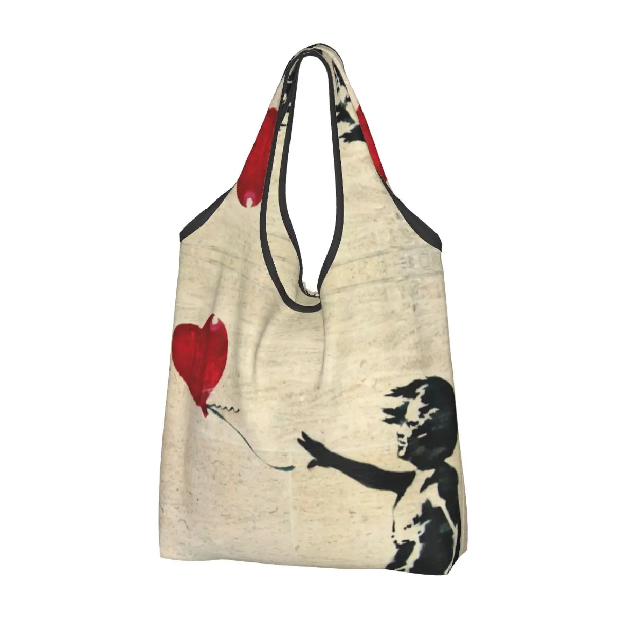 Kawaii Graffiti Artist Banksy Shopping Tote Bags Portable Girl With A Balloon Grocery Shopper Shoulder Bag