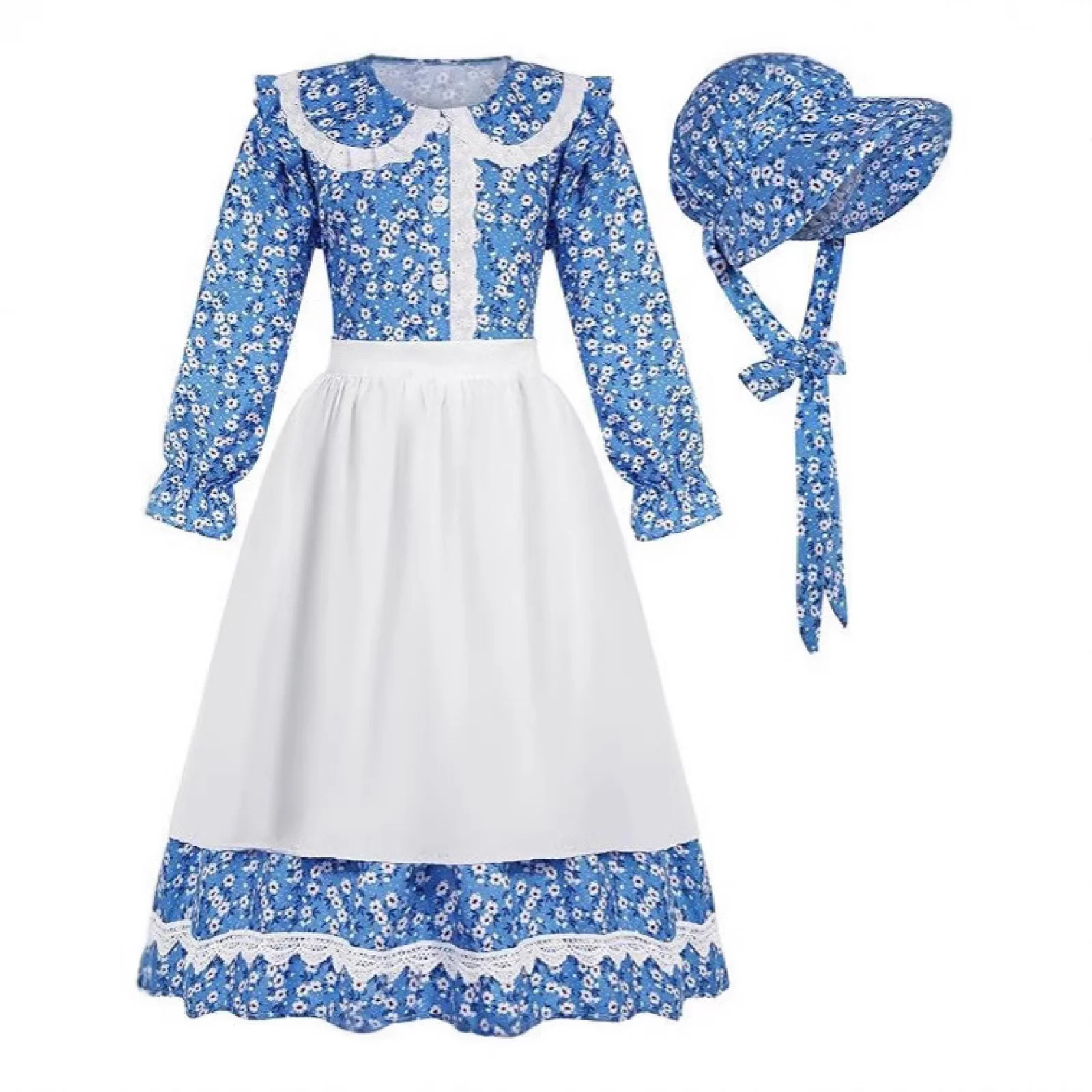 Girl Pioneer Costume Floral Colonial Prairie Dress With Apron And Hat for Women Halloween Party