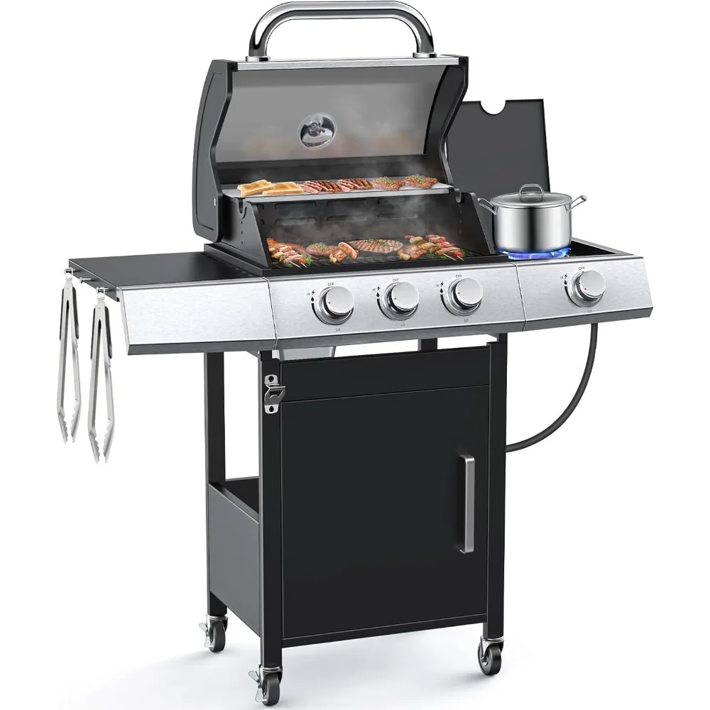 

3-Burner Propane Grills with Side Burner, BBQ Gas Grill with Cast Iron Grates and Griddle, Garden Barbecue Grill for Backyard, C