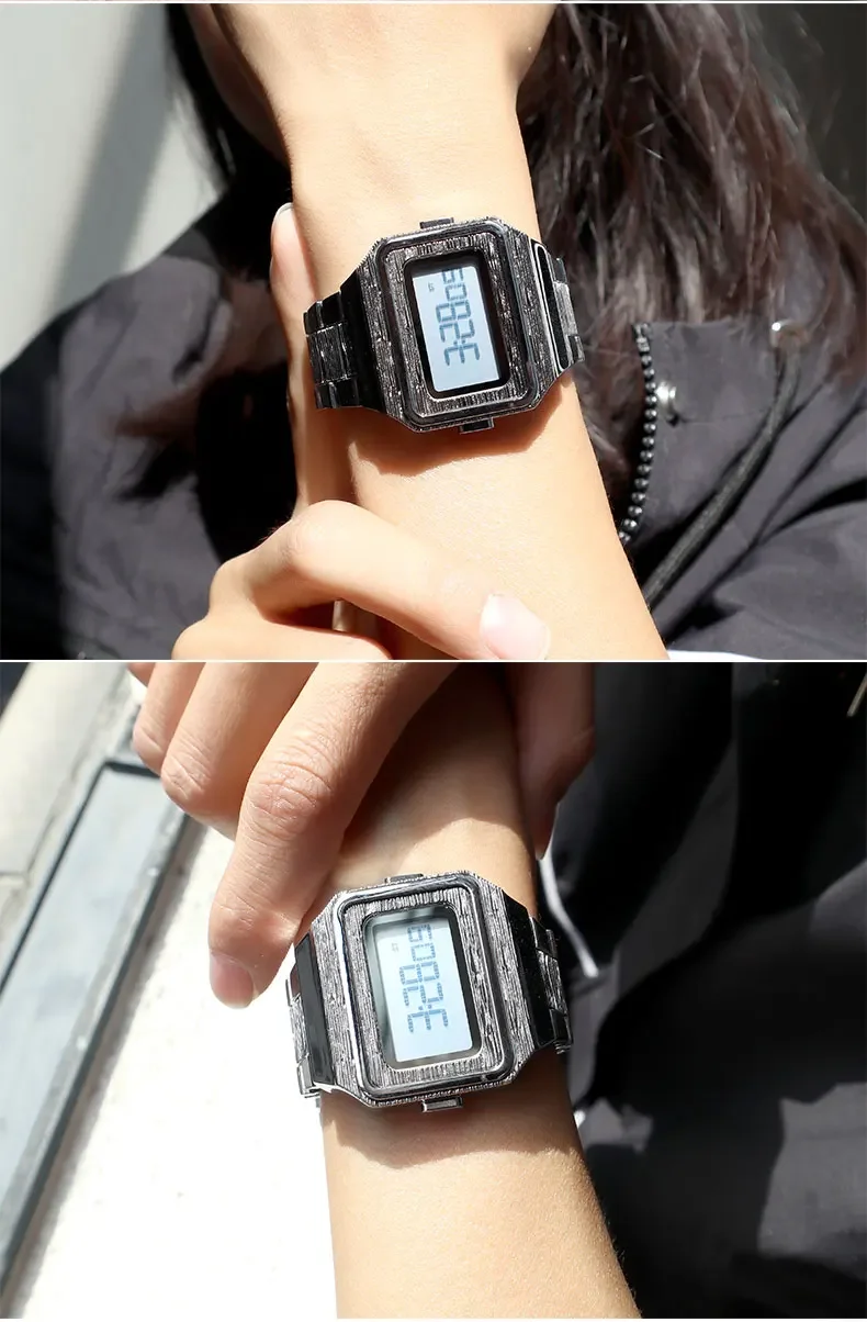 True Love Rectangle Dial Electronic Watch Luminous LED Display Wristwatch Stailess Steel Strap Smart Digital Calendar