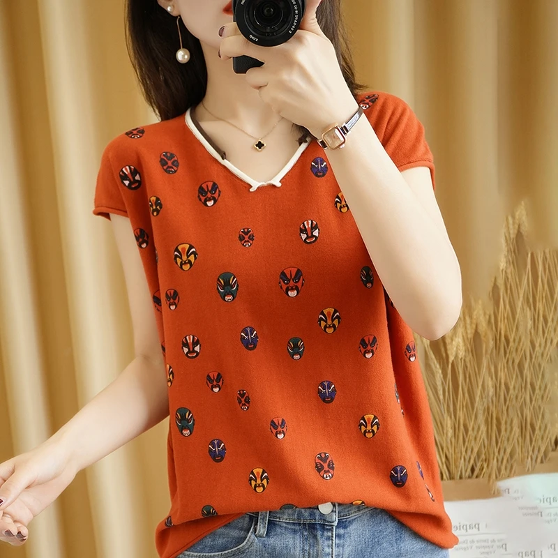 

Women's T-shirt Summer New 100% Cotton Knitted Short Sleeve Casual Print Tees Loose V-neck Tops Beijing Opera Face Makeup Ladies