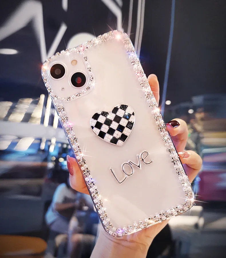 Diamond Chain Case Cover for iPhone, Bling, Cute Bow, Love Heart, Crystal Diamond, for iPhone 16 14, 13, 12, 15 Pro Max, Fashion