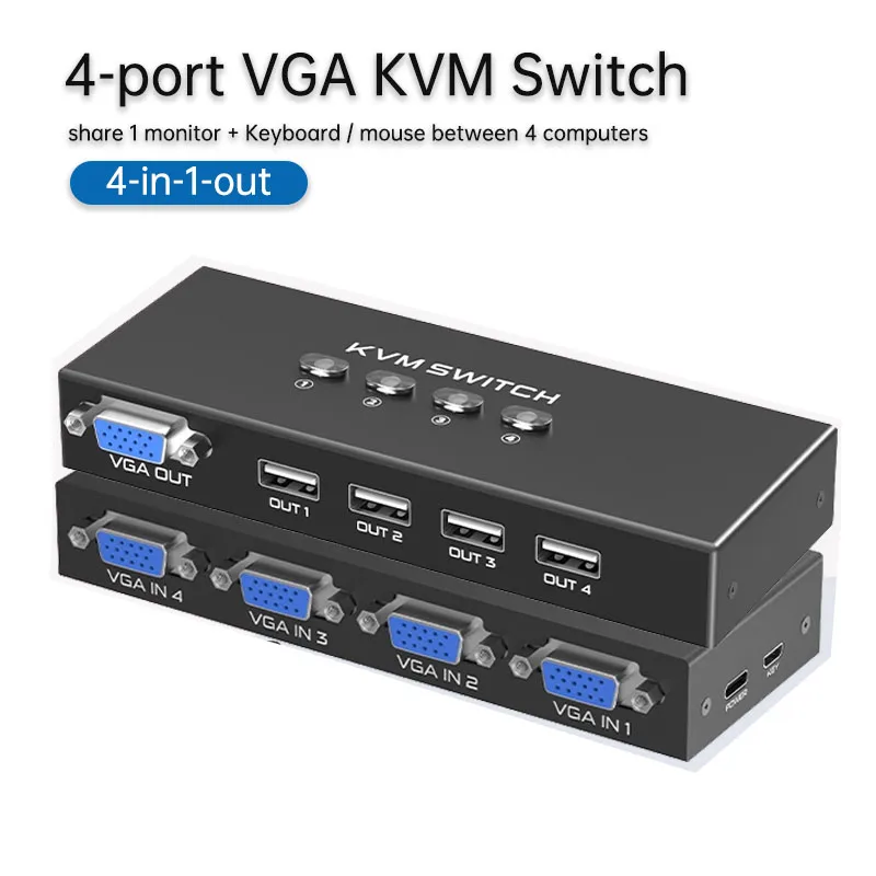 

KVM Switch 4-in-1-out VGA Computer Switcher Share keyboard mouse and display between 4 PCs or monitoring devices