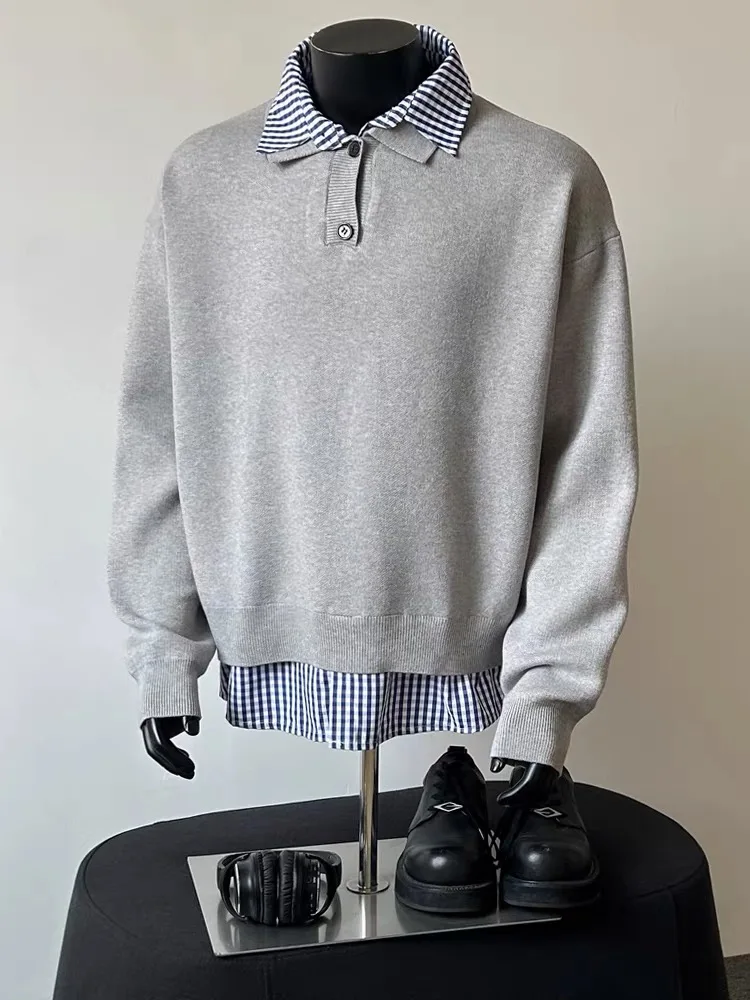 

Мужской вязаный свитер в клетку на осень-зиму, свободный крой, универсальный, в стиле ретро, американский дизайн, имитация двухслойности, повседневный, с длинными рукавами