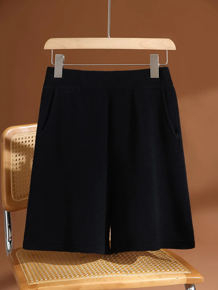 Autumn Winter Women Wool Shorts Elastic Waist Casual Basic Straight Shorts 100% Merino Wool Knitted Fit Pocket Solid Short Pants - Image 5