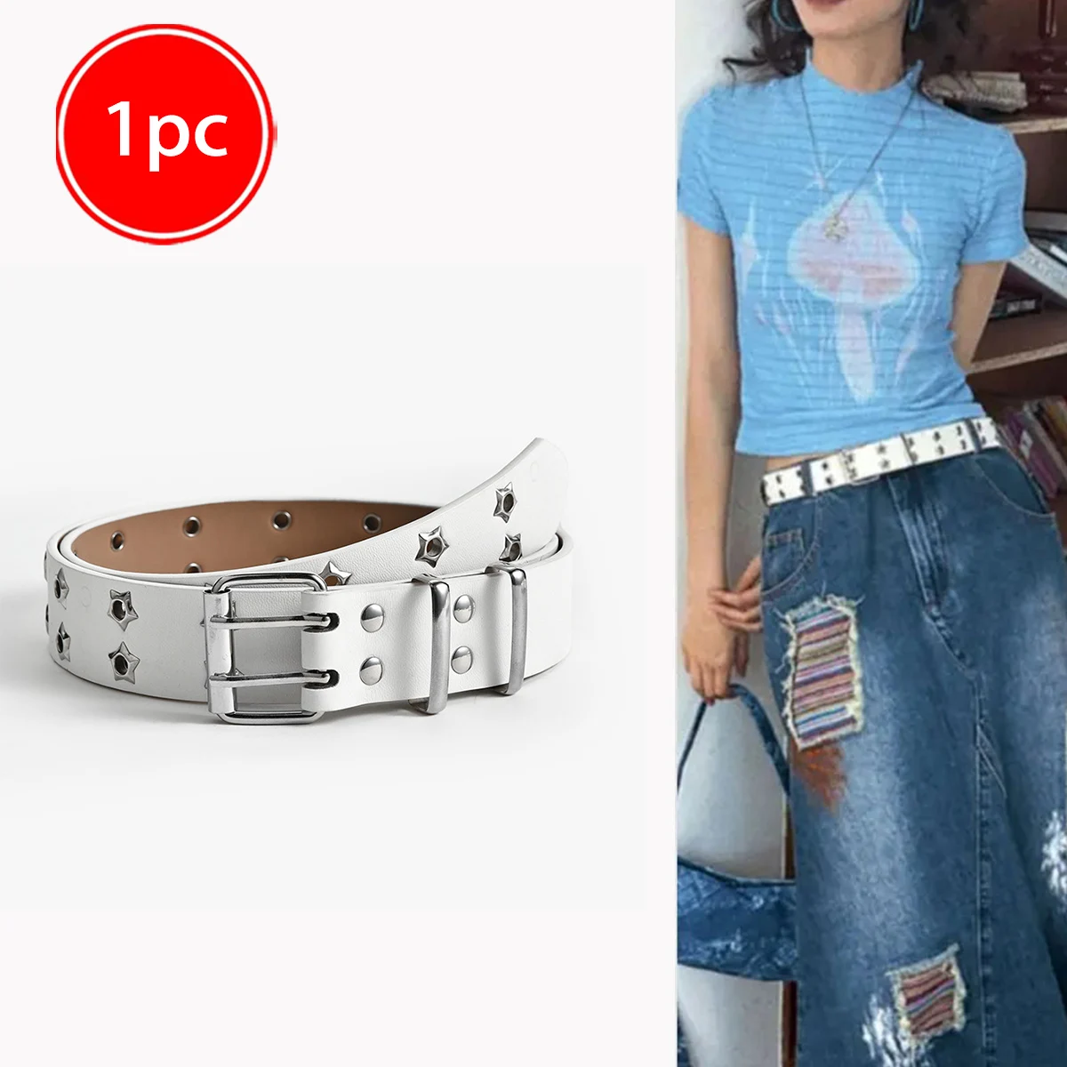 Women Gothic Star Rivet PU Leather Wide Belt, Double Pin Buckle Y2K Streetwear Waistband, Fashion Aesthetic Outfit Accessory