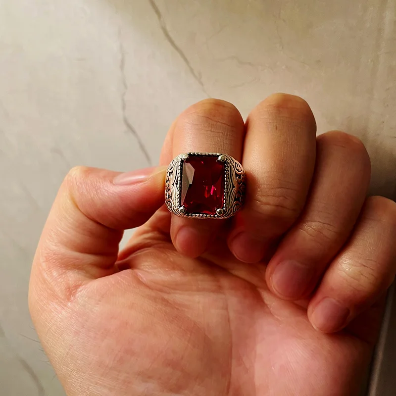 Retro Red Crystal Ring For Men Silver Color Punk Gothic Rock Hiphop Ring Biker Accessories Handmade Designer Jewelry Lovers Gift