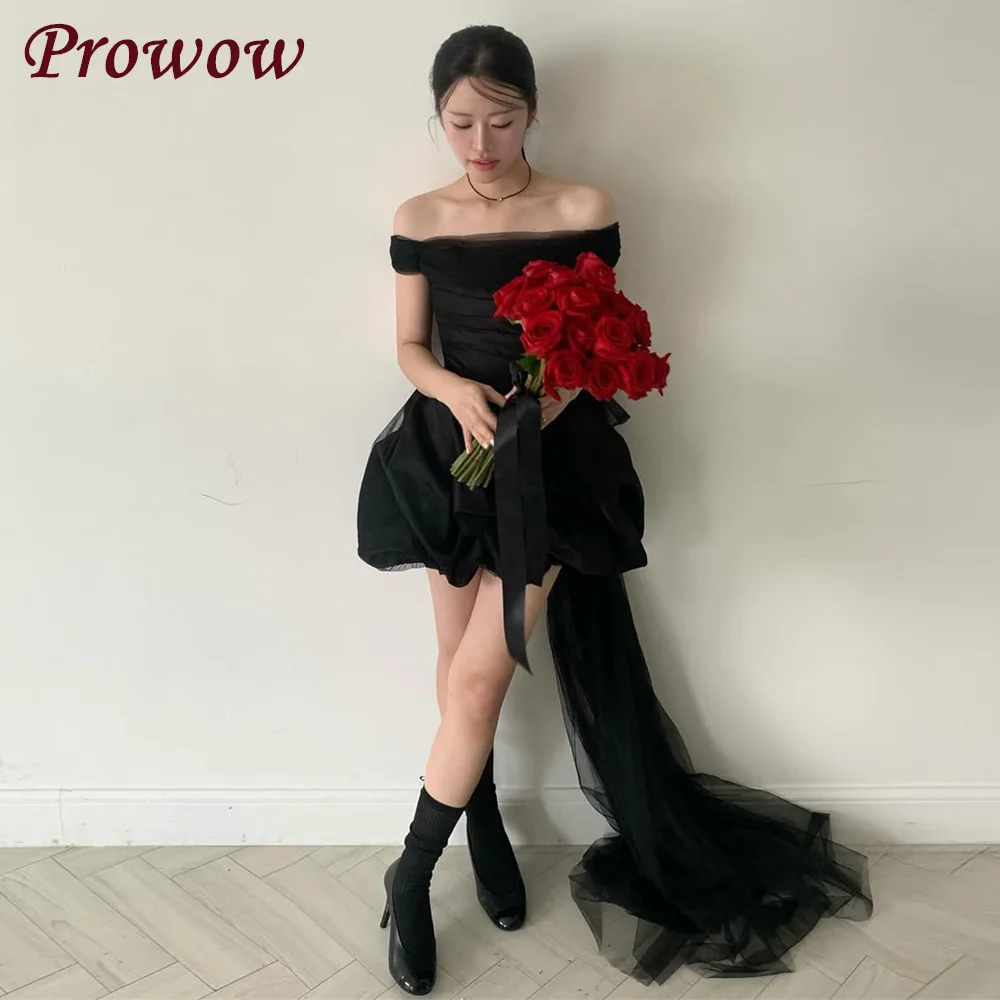 

Prowow Modern Black Short Prom Cocktail Dress Off the Shoulder Puffy Wedding Party Gown Customized Korea Snapshots 웨딩드레스