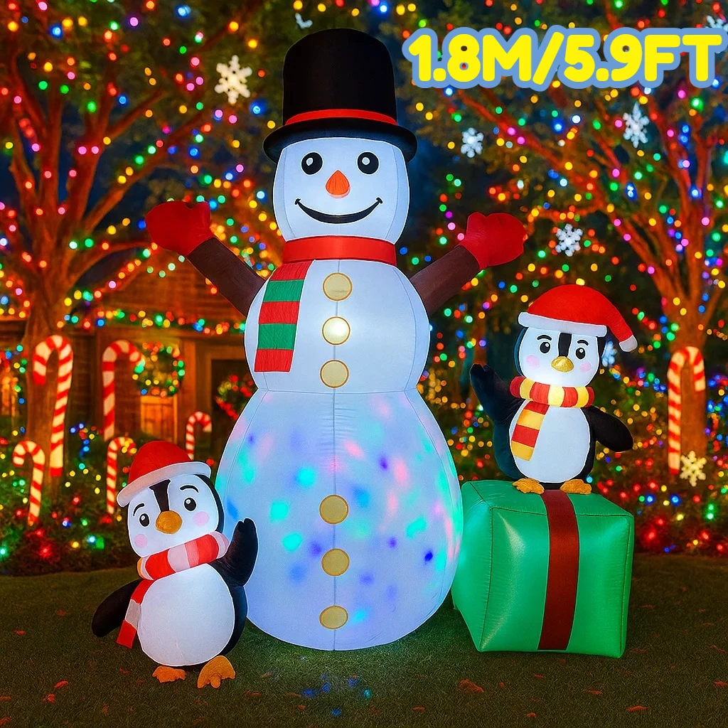 1.8M/5.9FT Inflatable Christmas Snowman Penguin Gift Box  Lights LED Home Holiday Decorations Toys Yard Xmas Ornaments Supplies