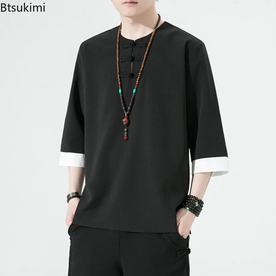 New2025 Men's Solid Vintage Cotton Linen Shirts Summer O-neck 3/4 Sleeve Casual Tops Chinese Style Men Clothing Hanfu Tang Dress