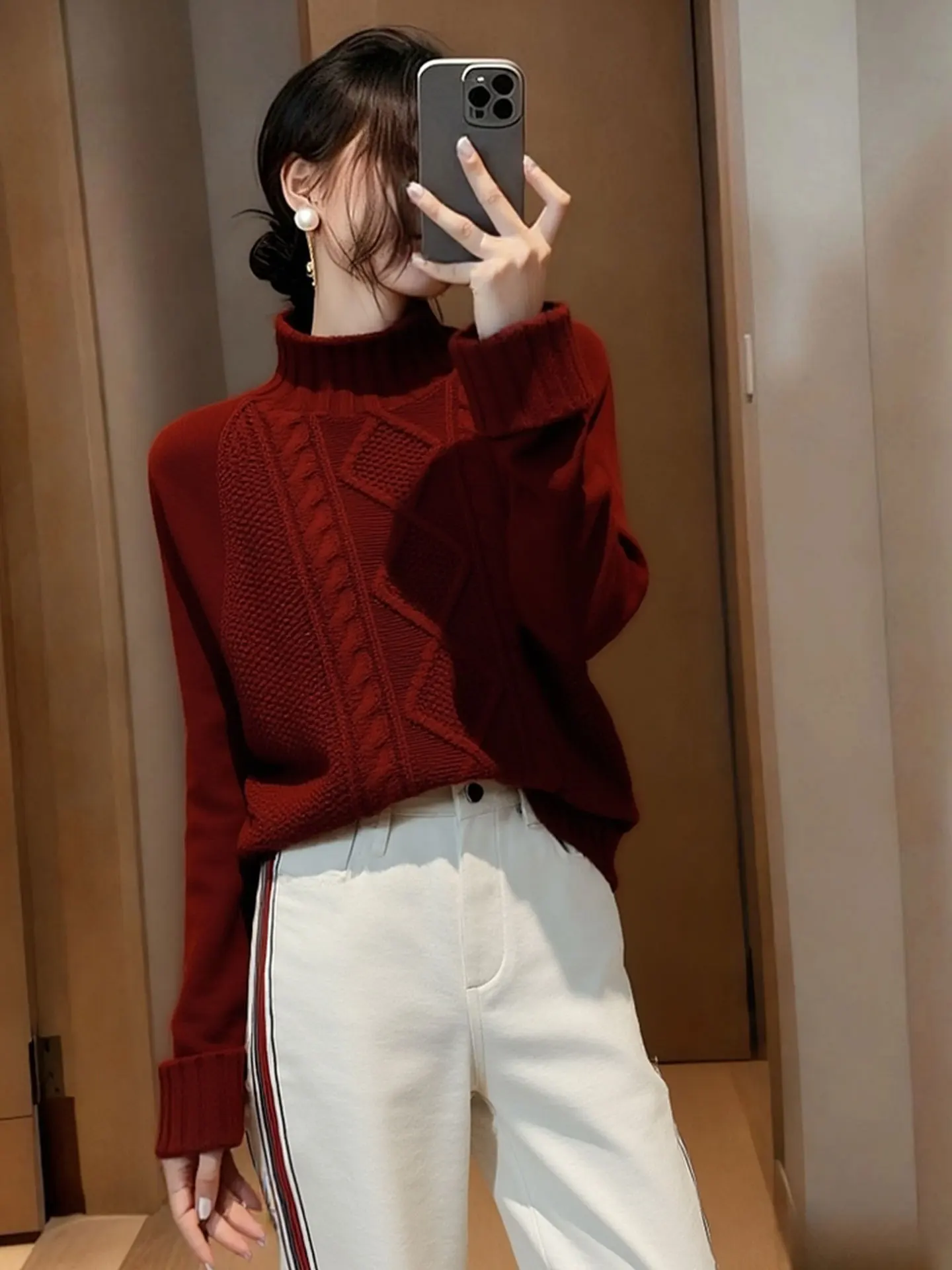 

High-End European Brand Knitted Sweater Long Sve round Ne f High Collar Winter Commute Faion Red Color Warmth Heating