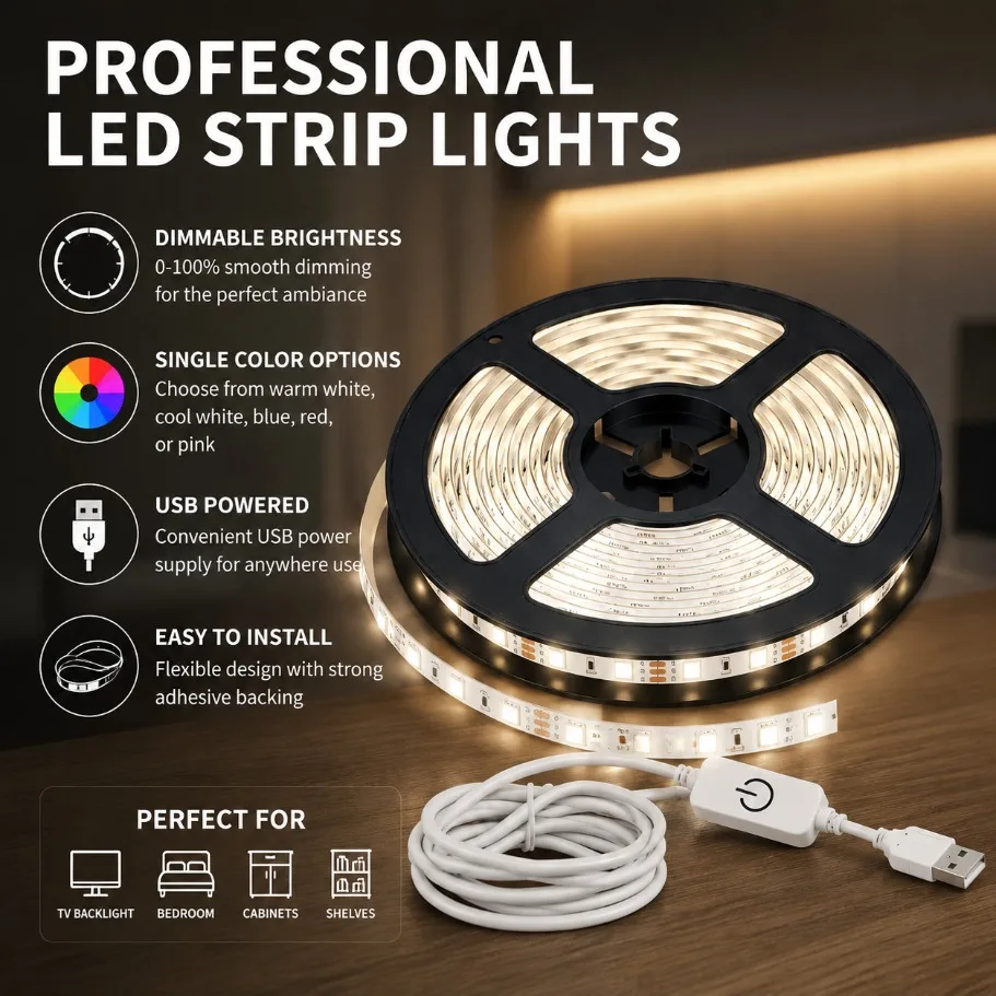 DC5V USB Motion Sensor SMD2835 LED Strip Light Dimmable Flexible Tape with Adhesive Back for TV Backlight Stair Home Decor Light