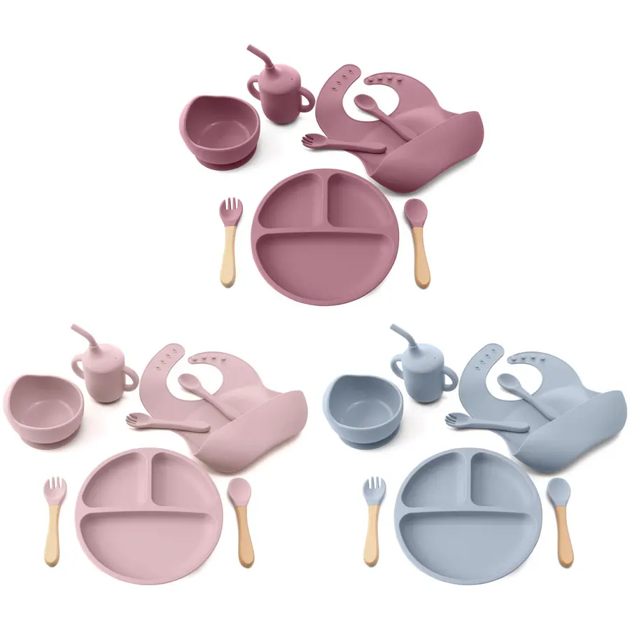 

8PCS Baby Silicone Tableware Sets Soft Baby Bib Sippy Cup Suction Bowl Plate Food Grade Utensils Wooden Handle Spoon Fork