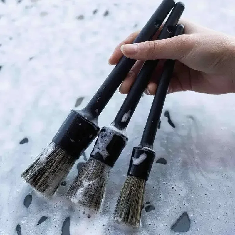 3 Pcs Natural Boar Hair Car Detailing Brush Set Soft Bristle Car Cleaning Brush Kits Atuo Tire Wheel Wash Exterior Accessories