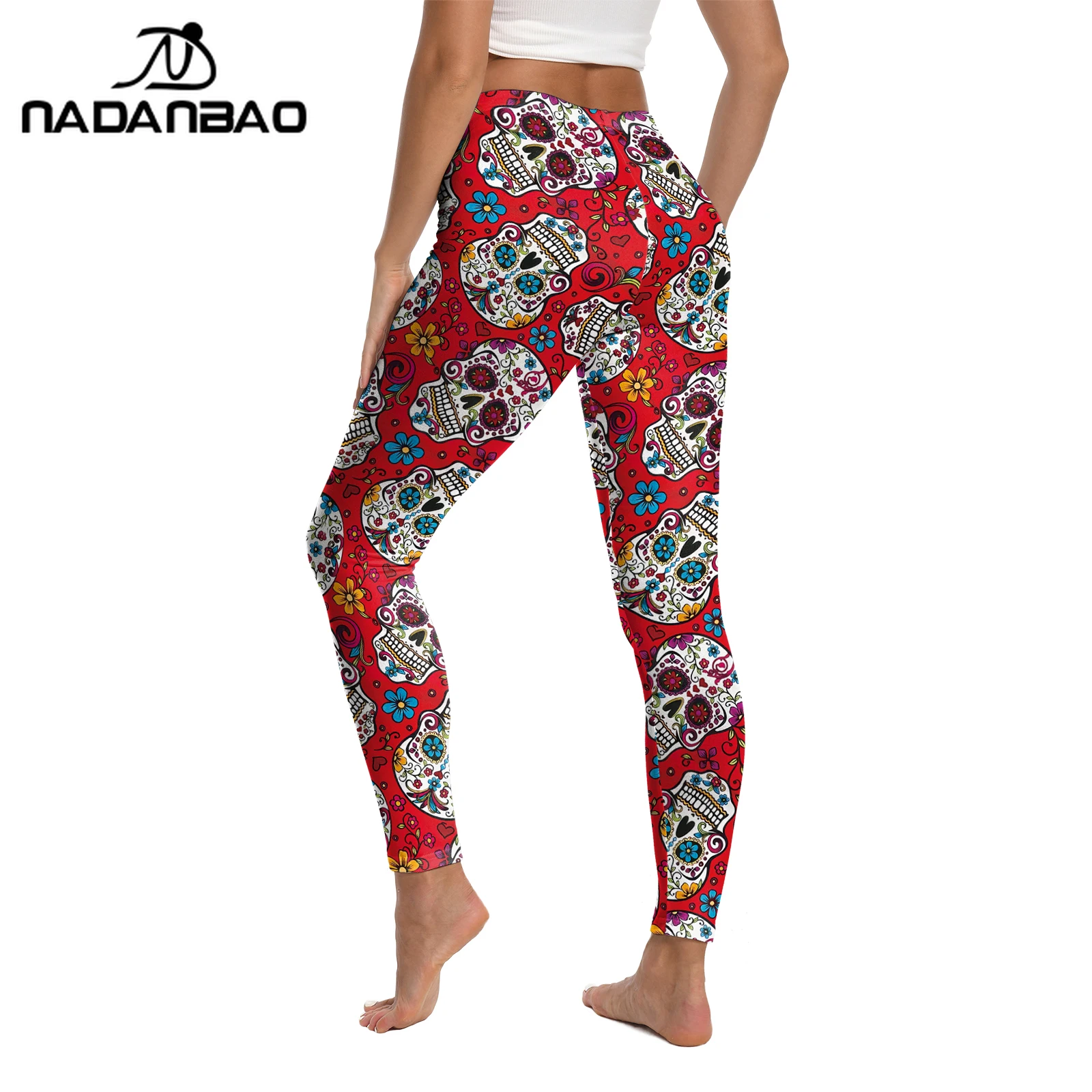 กางเกงเลกกิ้งพิมพ์ลายกะโหลกน้ำตาลหลากสีสำหรับผู้หญิง ฮาโลวีน วันแห่งความตาย แฟชั่นลำลอง กางเกงออกกำลังกายสำหรับผู้หญิง
