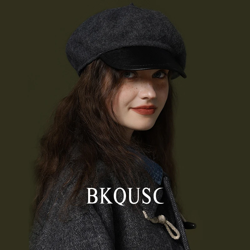 British Vintage Women\'s Beret Caps Winter Warm Solid Color Retro Leather Woolen Painter Hat Unisex Stylish Lady Cashmere Beret
